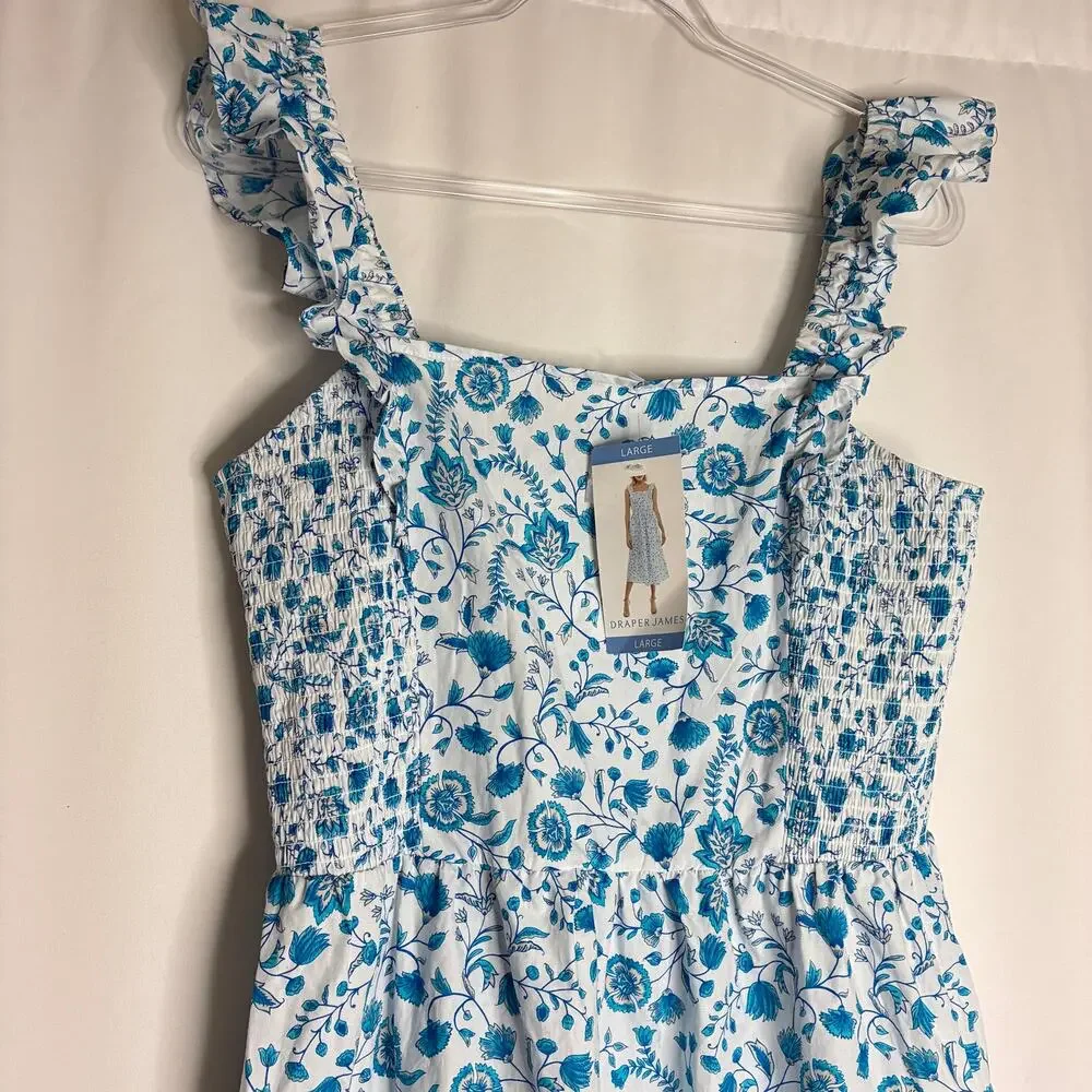 Draper James Blue White Floral Smocked Sundress 100% Cotton NWT Womens Large